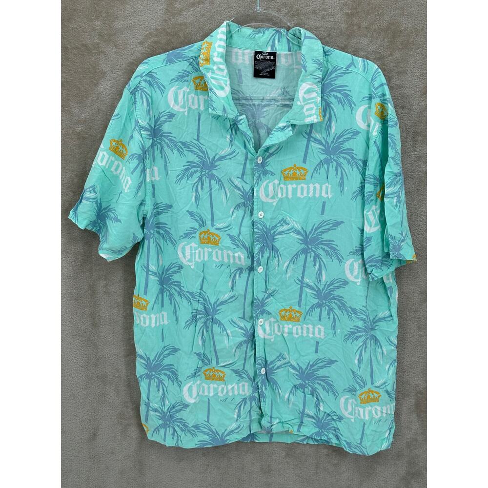 Corona Shirt Mens Large Green Palm Trees Hawaiian Button Up Tropical Beer Summer